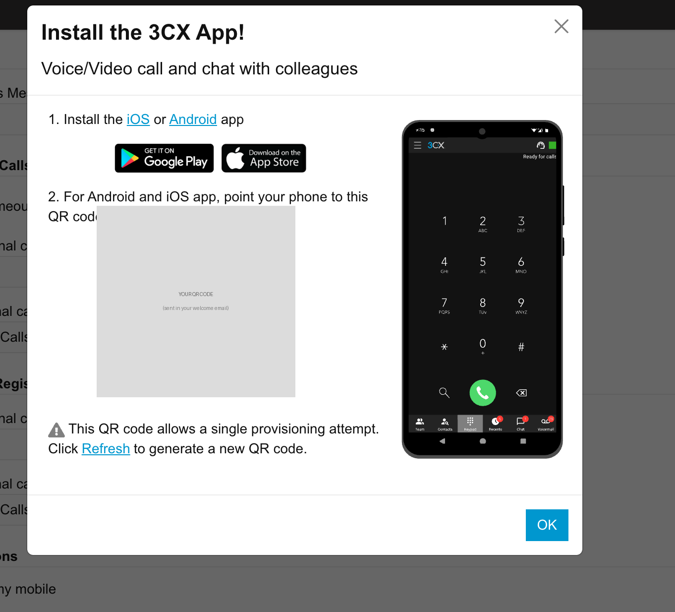 3CX app install screen showing QR code provisioning