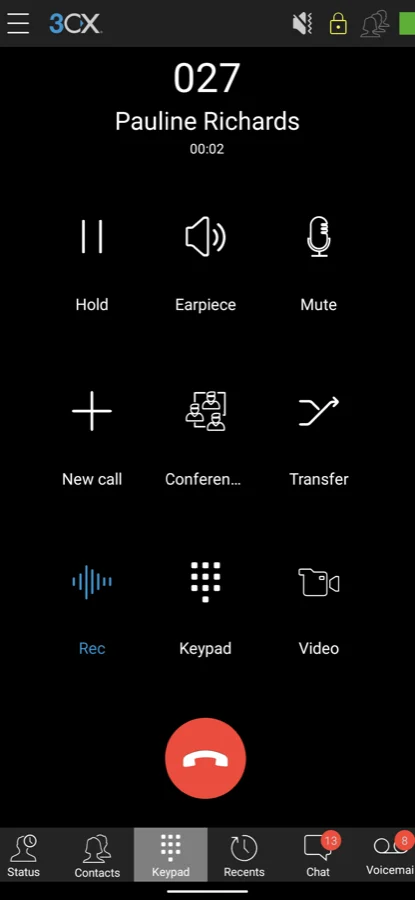 The 3CX app on an Android phone during a call, with hold, transfer and record controls