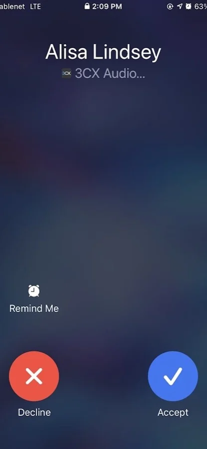 The 3CX app on an iPhone showing an incoming call, with decline and accept