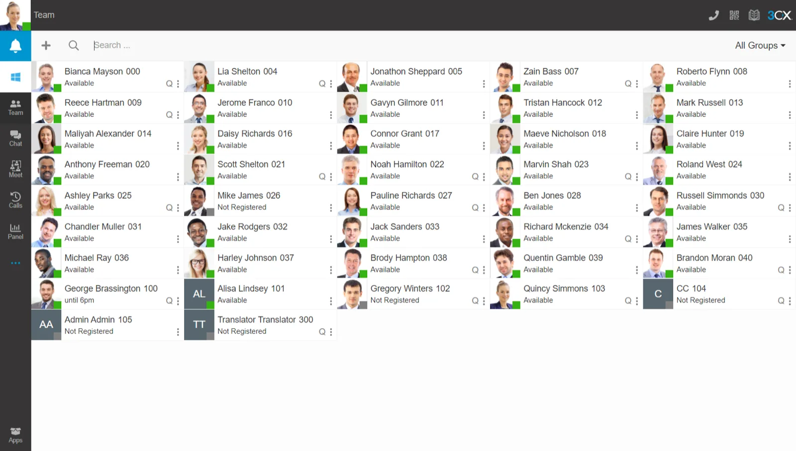 The 3CX Web Client on a laptop, showing the team directory with each colleague's presence
